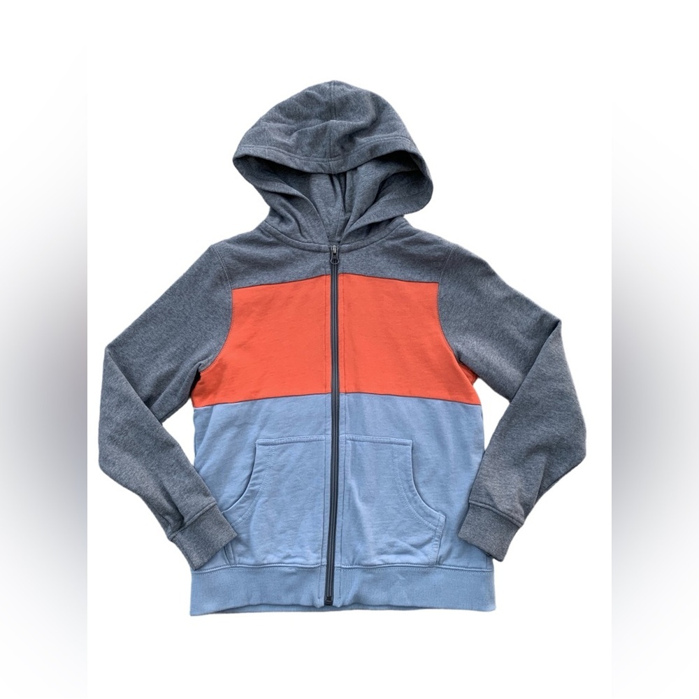Hanna Andersson Size 140, 10, Colorblock Jersey Lined Hoodie Jacket in Grey Blue